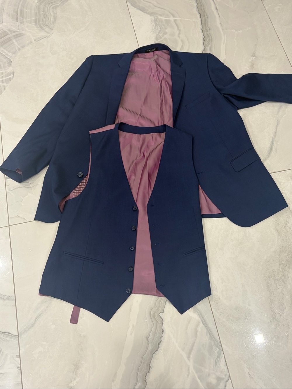 Men's Navy Three-Piece Suit Jacket & Vest with Mauve Lining